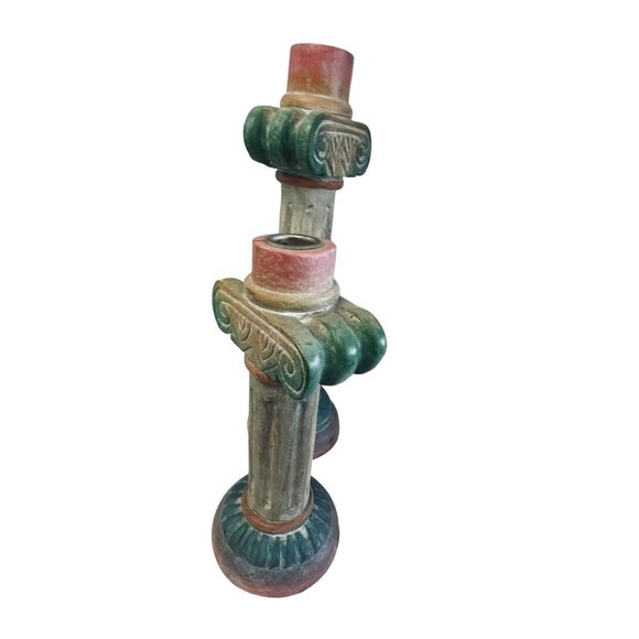 Vintage Pier 1 Pink Green Hand Painted Aztec Pillar Candlestick Holder‎ Pair 13" - Picture 10 of 12